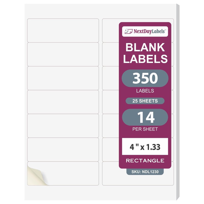 NextDayLabels ملصقات NextDayLabels - 4" × 1-1/3" ملصقات مستطيلة للطابعة - ملصقات طابعة ليزر/حبر أبيض ملصقات عنوان الإرجاع ملصقات شحن (25 ورقة، 14 لكل ورقة، 350 ملصق)  - Image 1